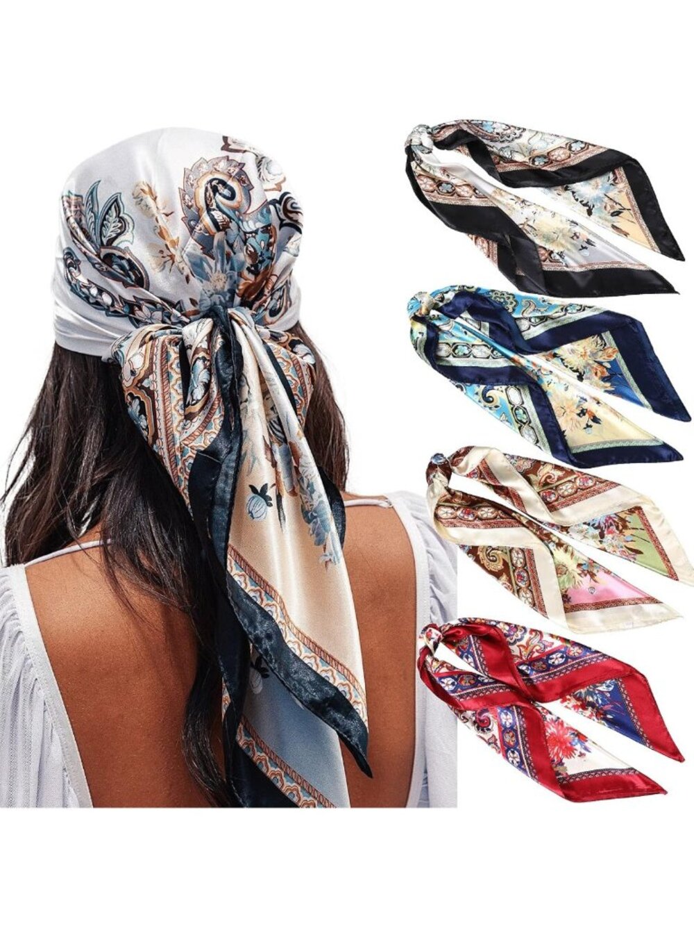 4-Pack 35" Satin Hair Scarves for Women | Silk-like Bandanas & Head Wraps